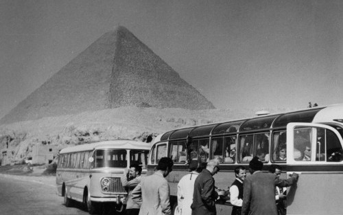 autobusy na tle piramidy